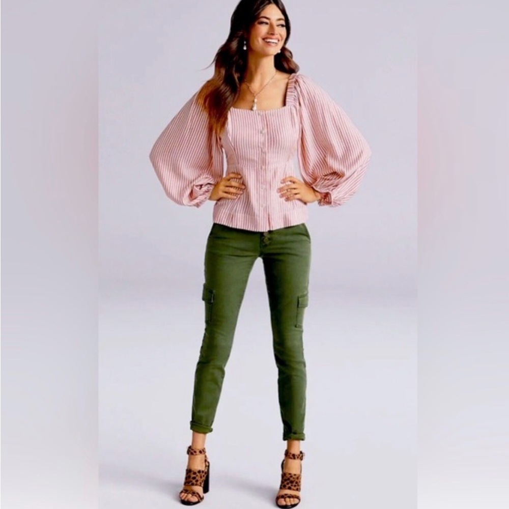 CAbi Pink Striped Puff Sleeve Blouse